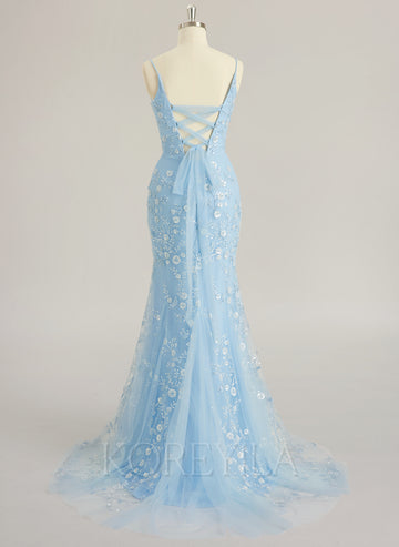 Trumpet/Mermaid Scoop Sweep Train Tulle Lace Maxi Dresses With Sequins